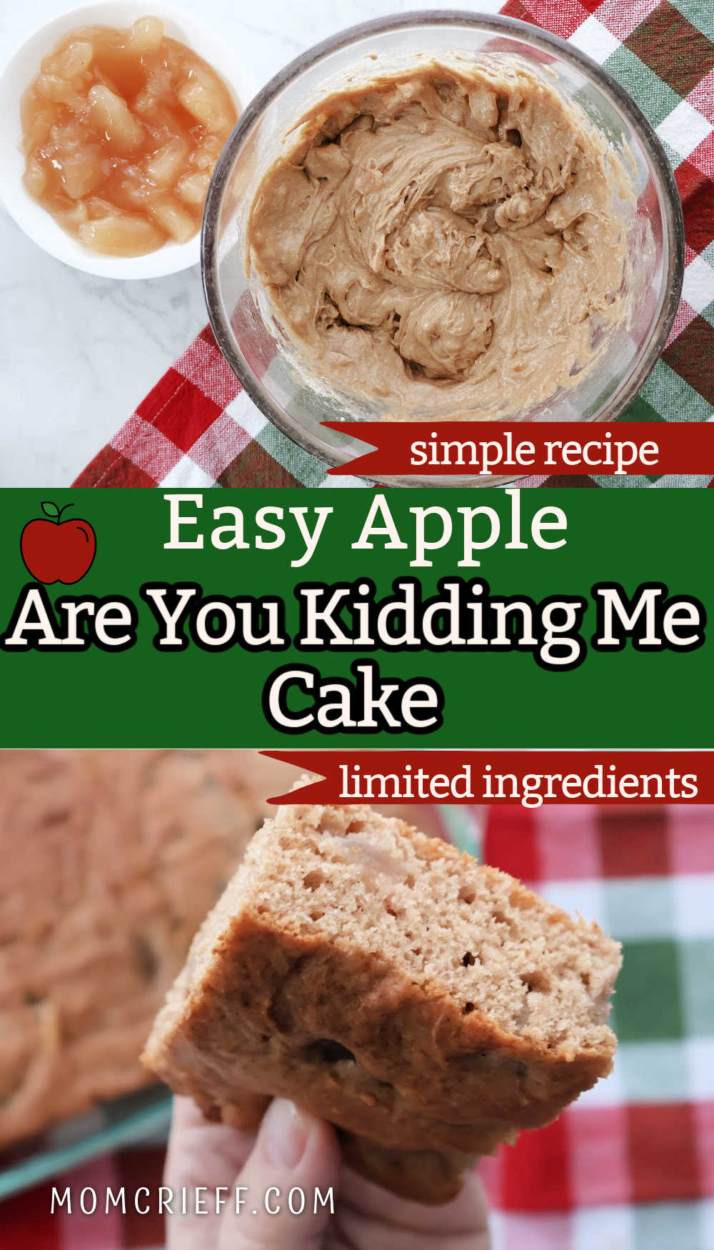 Are you Kidding Me cake with an image on the top with apple cake batter. Image on the bottom shows the tight crumb and apple pieces.