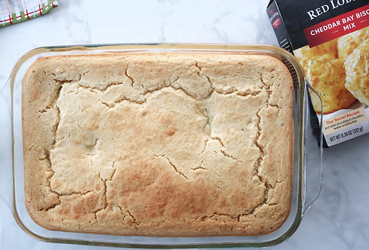 Chicken Cobbler Casserole hot out of the oven in a 9 x 13 baking dish.