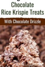Close-up of chocolate Rice Krispies treats showing the chocolate drizzle and crispy cereal texture