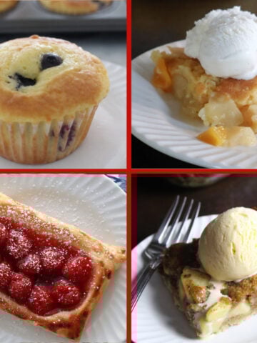 Collage of desserts with fruit including blueberry muffin, fruit cocktail upside down cake, cherry danish and apple cake.