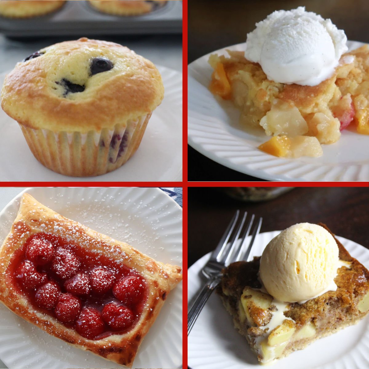Collage of desserts with fruit including blueberry muffin, fruit cocktail upside down cake, cherry danish and apple cake.