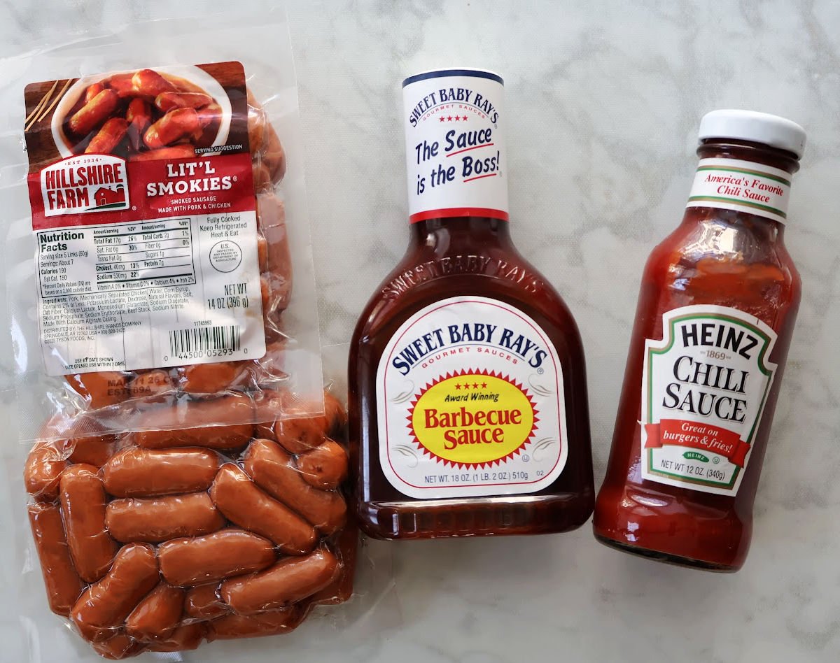 Three ingredients for Little Smokies in BBQ sauce includes barbecue sauce, Chili Sauce and Lit'l Smokies