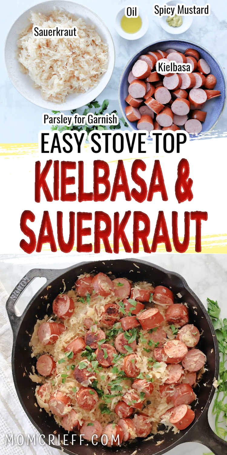 Fresh chopped parsley sprinkled over kielbasa and sauerkraut before serving. Top image shows ingredients including kielbasa, sauerkraut, mustard and parsley for garnish.