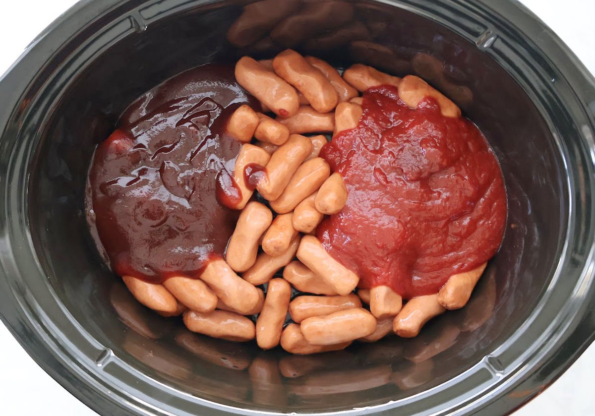 Adding barbique sauce and chili sauce to little smokies