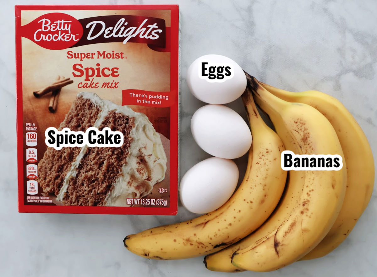 Ingredients for 3 ingredient banana cake including spice cake mix, ripe bananas, and eggs.