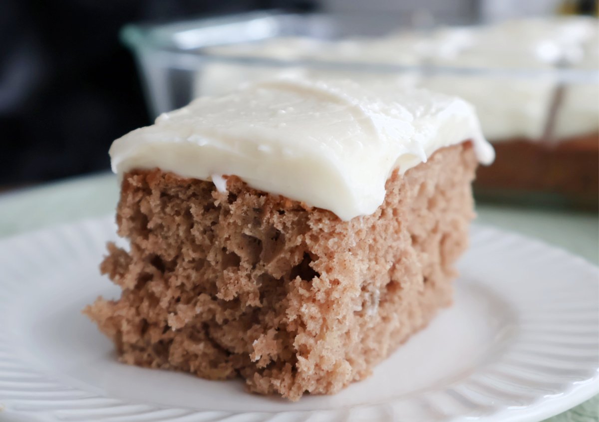 Piece of banana cake with cream cheese icing