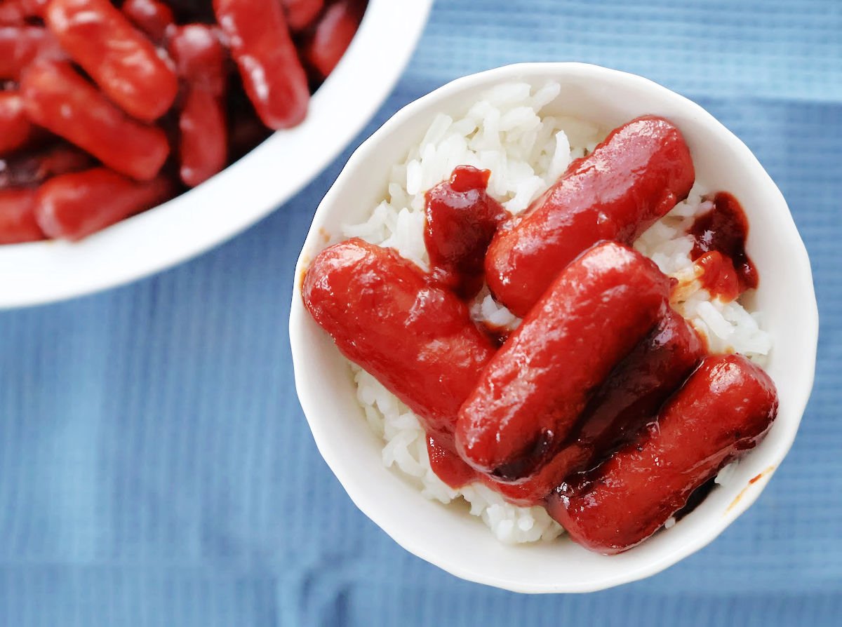 barbecue little smokies on a bed of rice