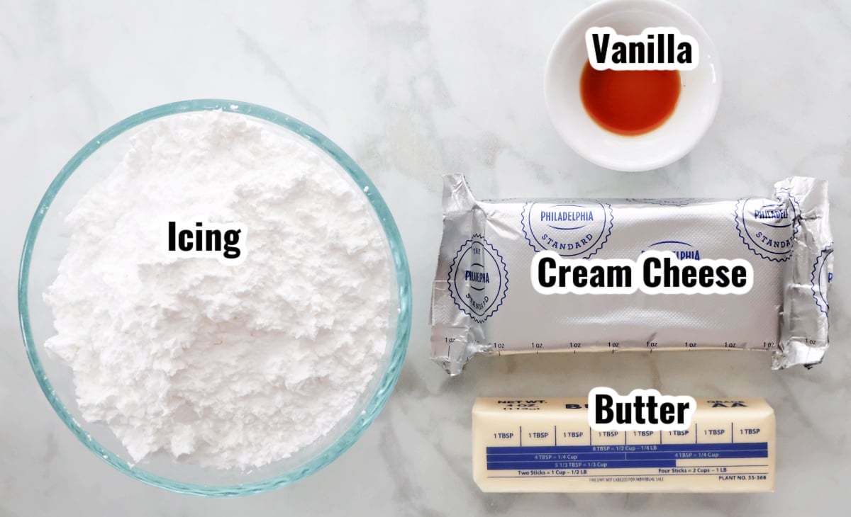 Cream cheese frosting including Powdered sugar, Cream Cheese, Butter and Vanilla