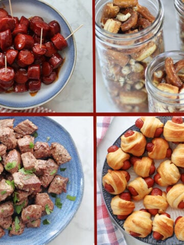 Game day appetizer collage including kielbasa bites, steak bites, pigs in a blanket and seasoned pretzels.