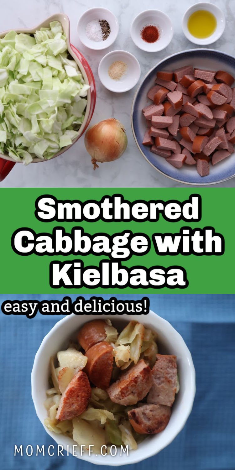 Smothered Cabbage with Kielbasa. With an ingredient shopt and a bowl of finished dish.