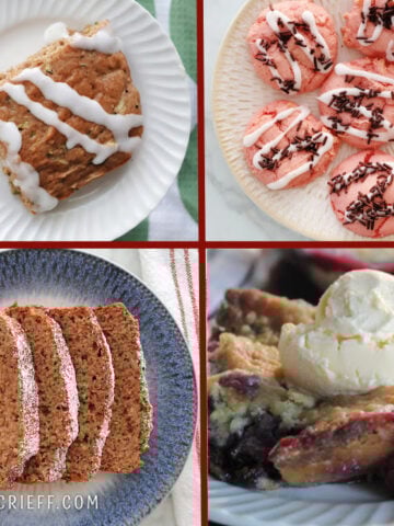 collage of 3 ingredient dessert recipes. Inculdes 3 ingredient strawberry cake mix cookies, 3 ingredient zucchini cake, 3 ingredient pumpkin bread and a 3 ingredient dump cake with ice cream.