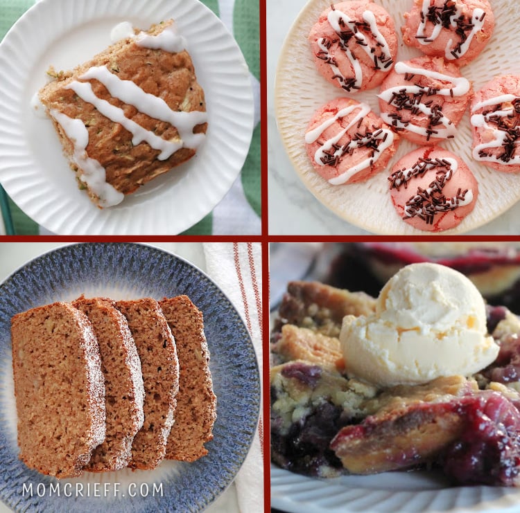 collage of 3 ingredient dessert recipes. Inculdes 3 ingredient strawberry cake mix cookies, 3 ingredient zucchini cake, 3 ingredient pumpkin bread and a 3 ingredient dump cake with ice cream.
