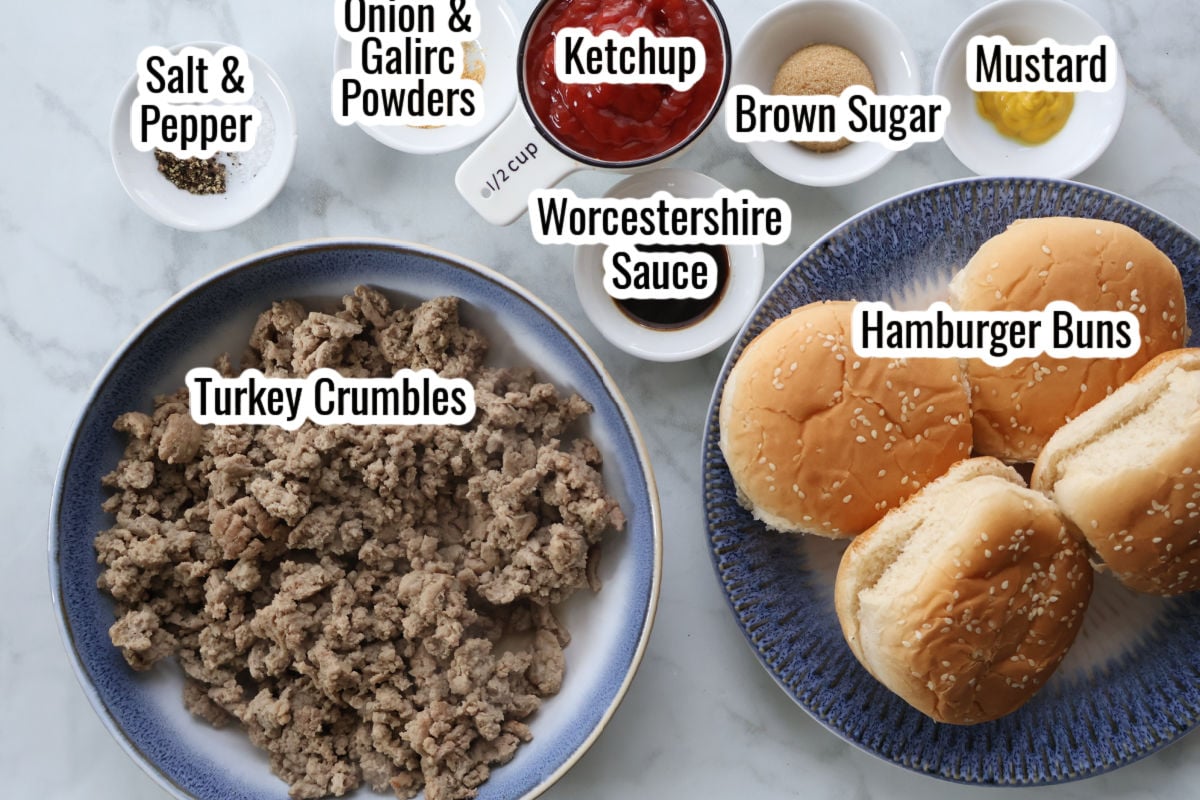 Ingredients for sloppy Jane recipe including ground turkey, ketchup, mustard, Worcestershire sauce, and seasonings.