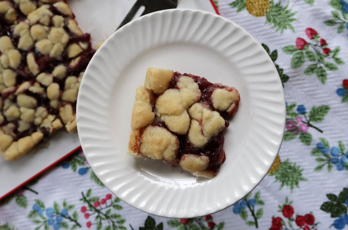 piece of raspberry bar on a plate