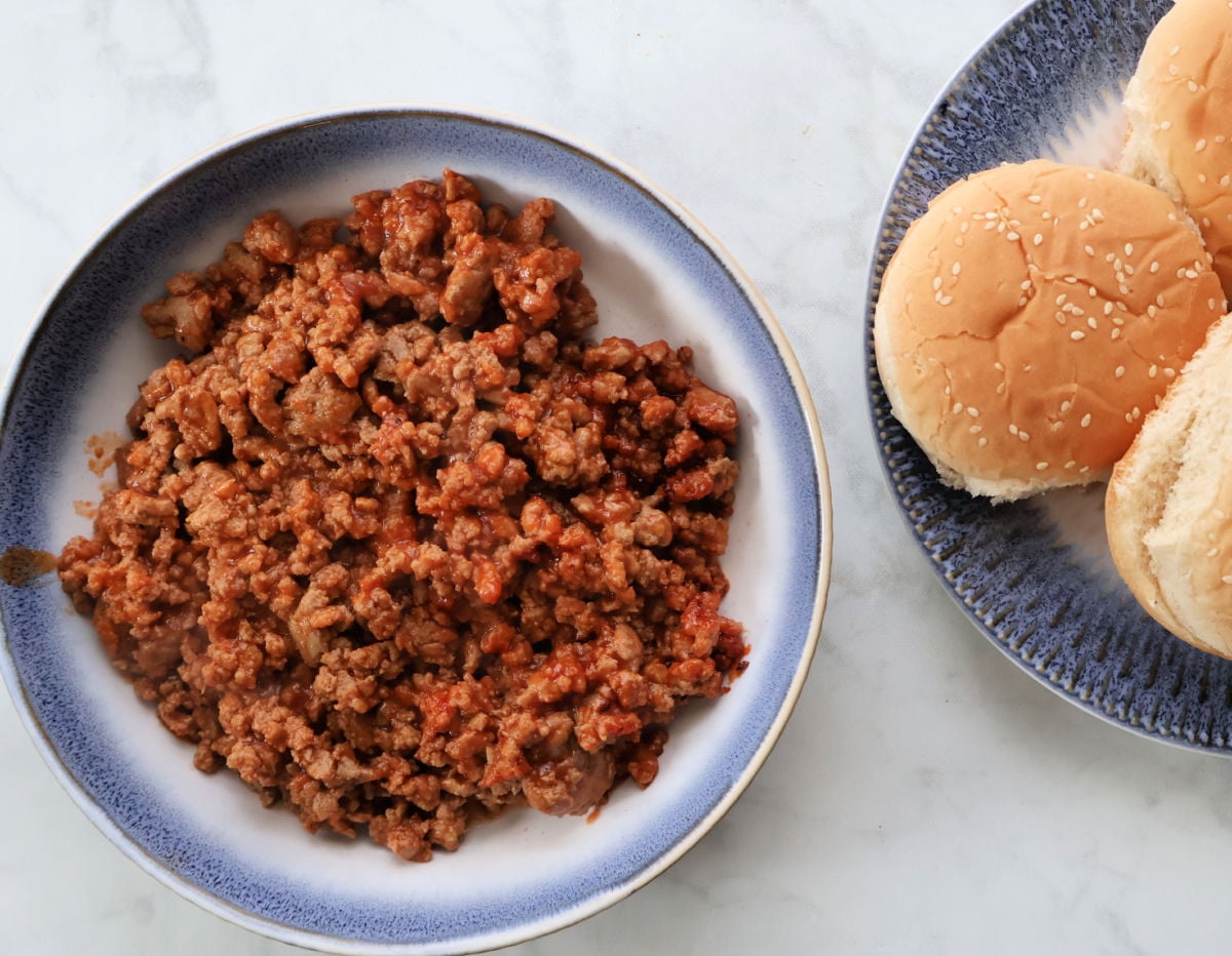 Turkey sloppy joe mixture simmering in a skillet ready for serving.