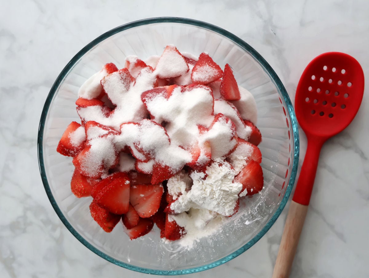 Fresh strawberries mixed with sugar and cornstarch to create filling