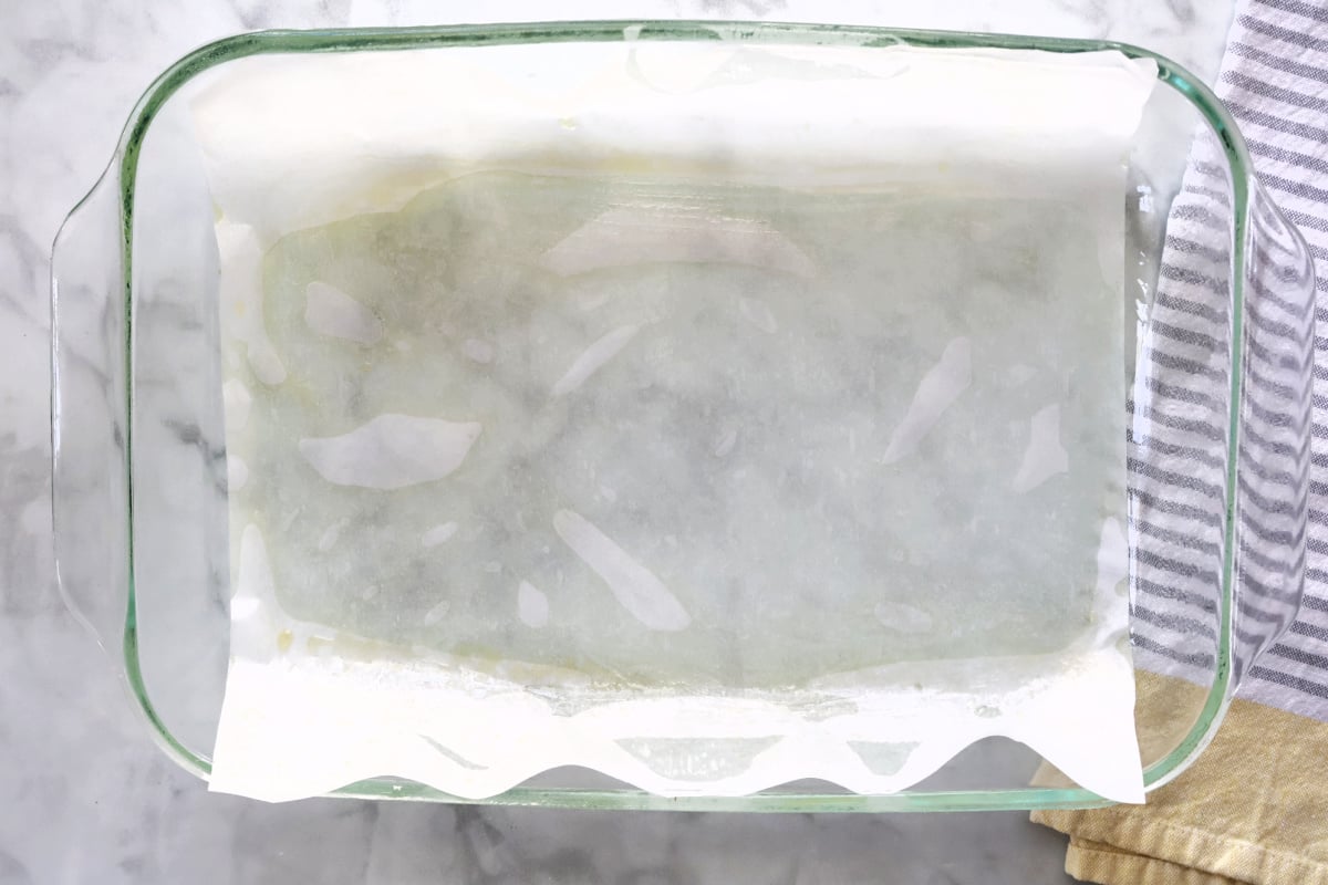 Lined and greased baking dish.