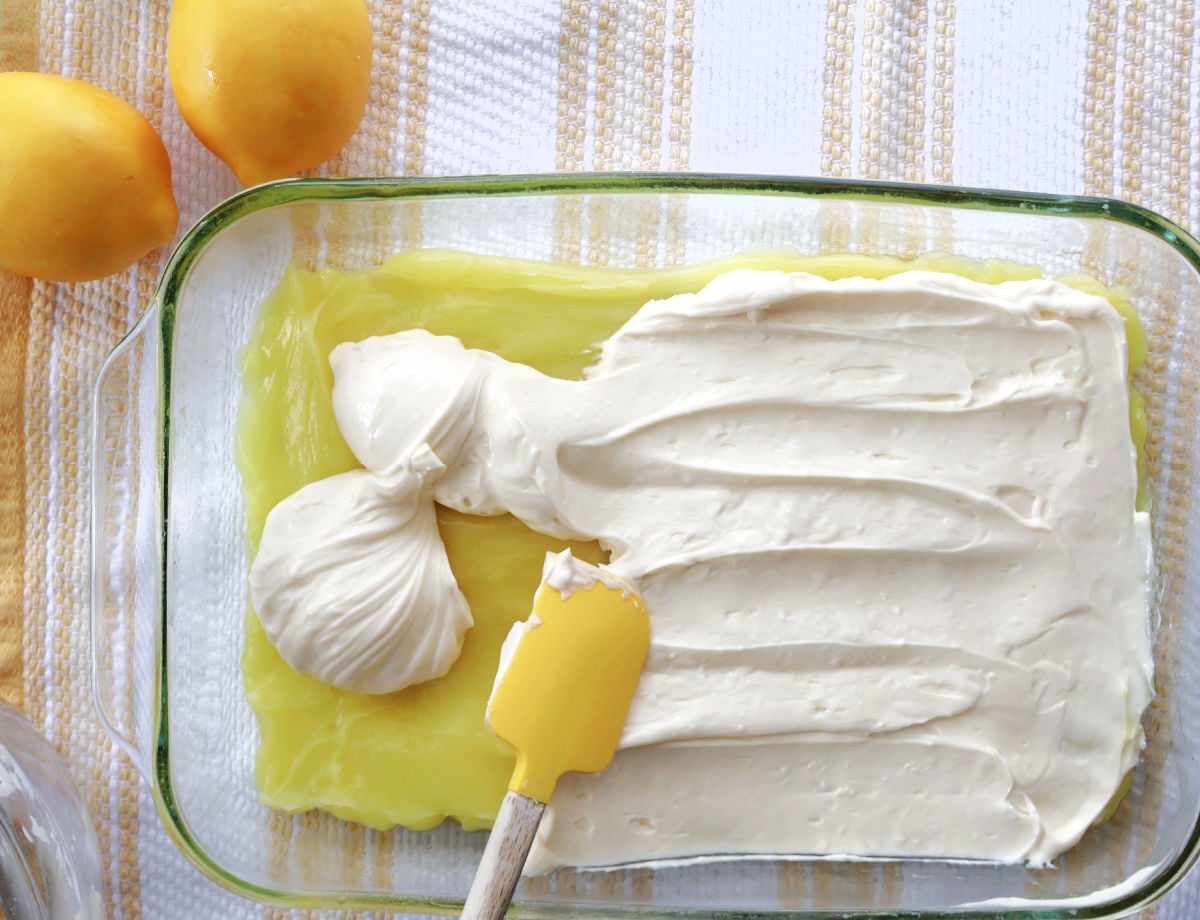 cream cheese layer on top of lemon pie filling layer