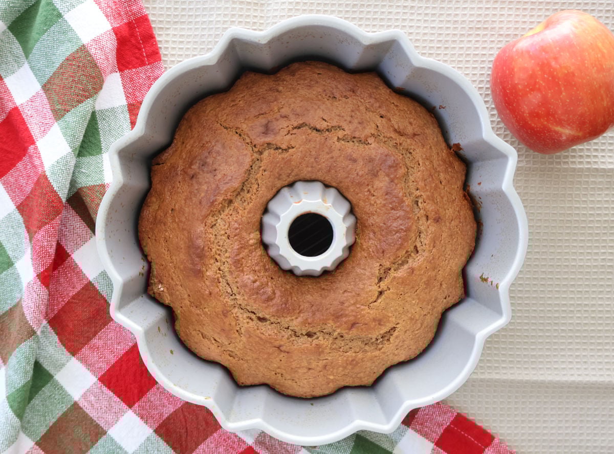 applesauce bundt cake fresh from the oven
