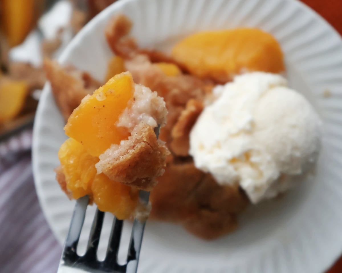 Bisquick peach cobbler baked in a dish with golden topping and soft canned peaches