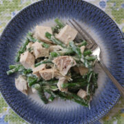 lemon asparagus skillet on a blue plate