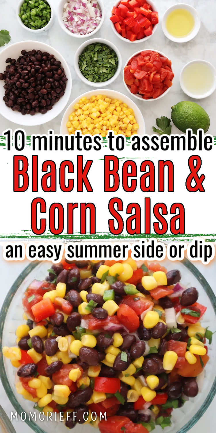 Colorful black bean corn salsa recipe with corn, black beans, tomatoes, and green onions.